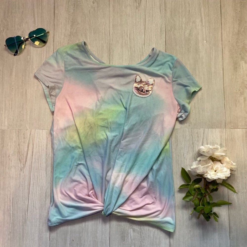 Love, Glam Girl: Girls Rainbow Shirt with Sequined Cat